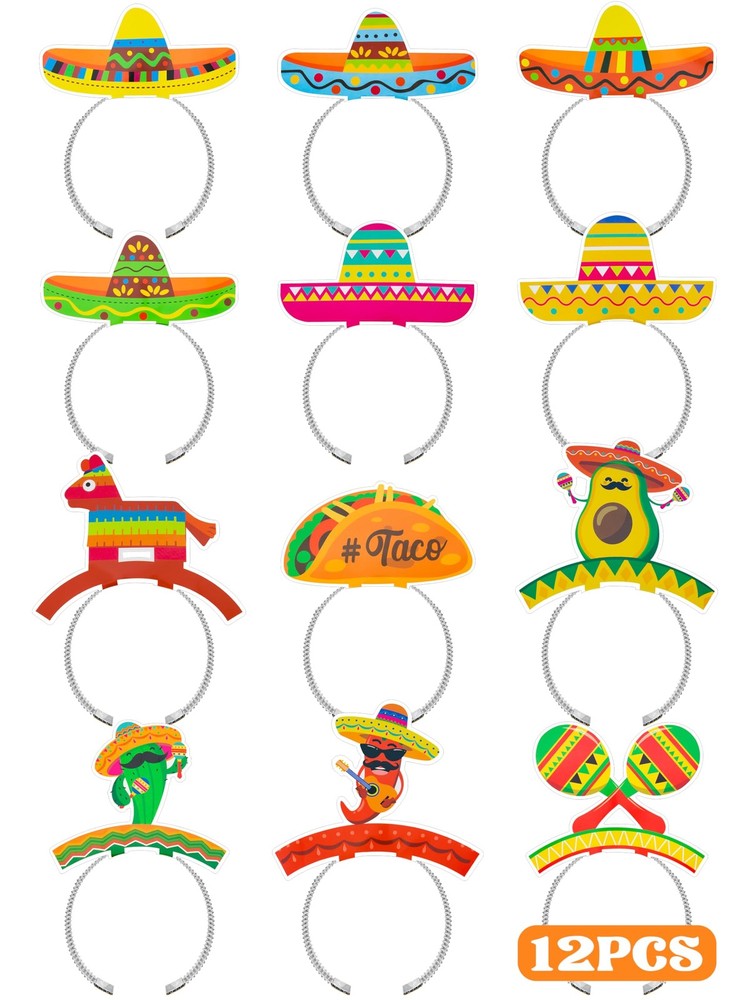 12 PCS Colorful Patterned Cardboard Sombrero Hats, Fiesta Headbands for Mexic…