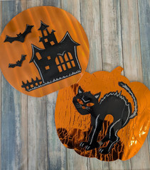 Vintage Style Foil Halloween Wall Decorations Black Cat Haunted House Set of 2