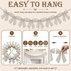8 ft Beige Gingham Bow Garland Decorations Natural Plaid Fabric Bow Banner Ha…