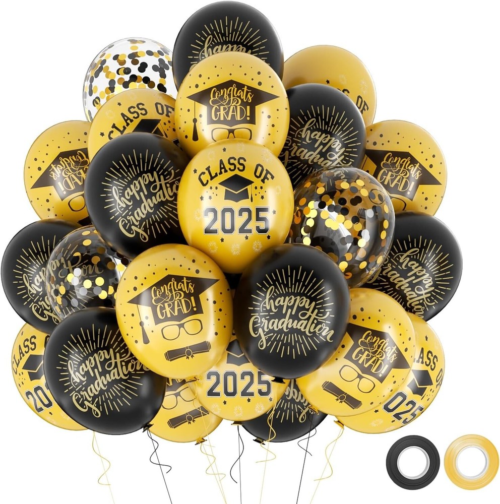 Graduation Balloons for Class of 2025 – Gold and Black Grad Latex Confetti Ballo