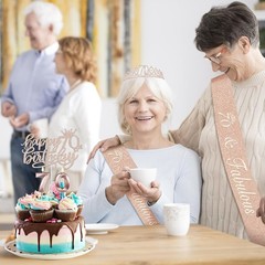 Gorgeous 70th Birthday Decorations for Women: Sash & Tiara Gift Set in Rose Gold