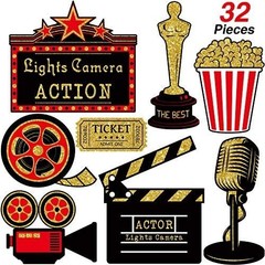 32 Pieces Movie Party Decorations Red Carpet Cutouts Cards Table Toppers Movi…