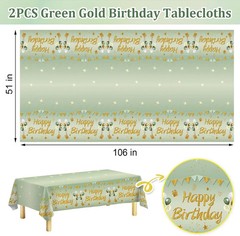 2Pcs Sage Green Birthday Tablecloth Decorations for Women Girls, Light Green Hap