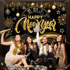 New Year 2025 Gold Banner, Decorations Backdrop for New Year’S Eve Parties