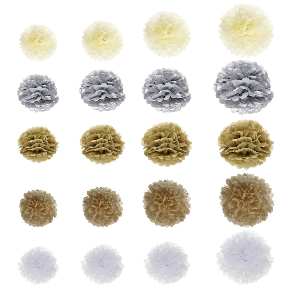 20pcs Tissue Paper Pom Poms 6/8/10/14 Inch, Gold/Silver/White/Cream/Beige