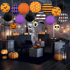 16Pcs Halloween Decorations Paper Lanterns Set | Pom Poms and Hanging Swirls for