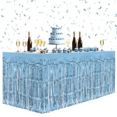 2 Pack Light Blue Table Skirts, 29×108″ Metallic Foil Tinsel Fringe Table Ski…