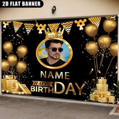 1pc 2D Luxurious Golden Balloon Crown Theme Personalized Custom Birthday Banner♪