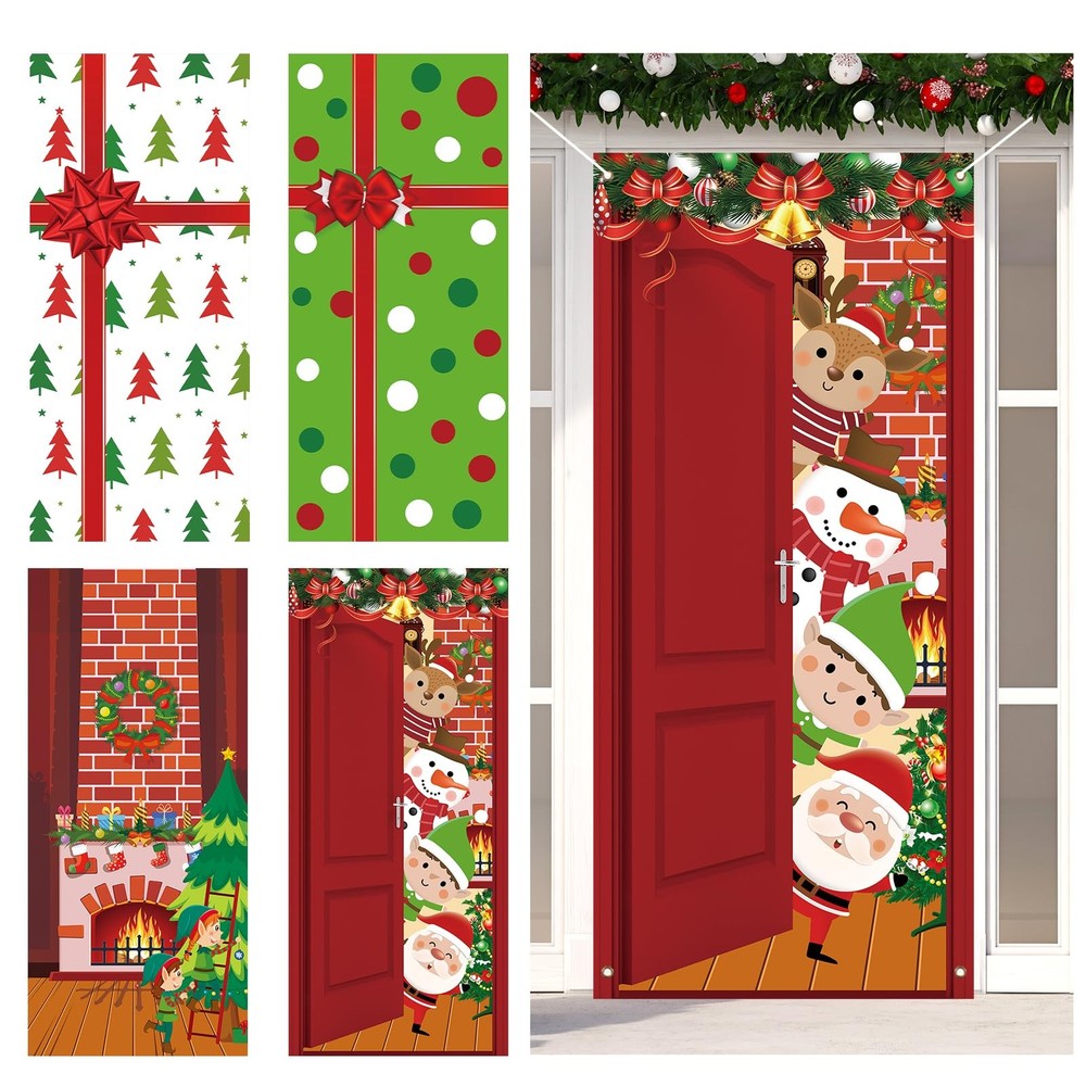 4 Pcs Christmas Door Cover Decoration Merry Christmas Front Door Hanging Bann…