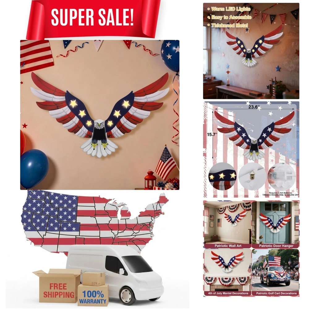 Bold Metal Eagle Decor with Timer – Perfect for July 4th and -Round Pride