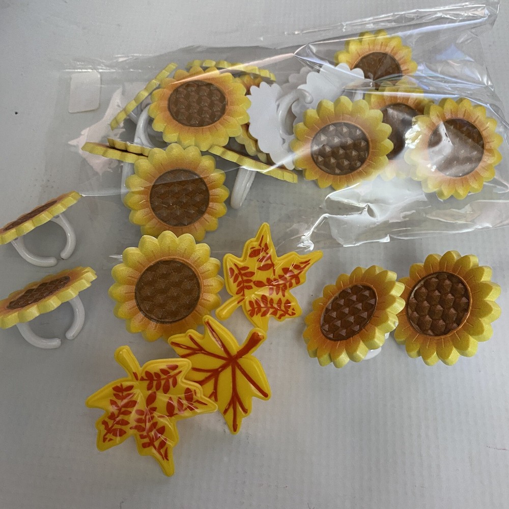 Sunflower Cupcake Topper Rings 24 pc Cake Decoration 21 Flowers 3 Leaves Fall