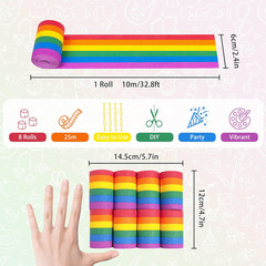 8 Rolls Crepe Paper Streamers, Rainbow Streamers Party Decorations for Birthday