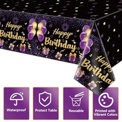 Pack Black Purple Happy Birthday Tablecloths, 51×87» Plastic Disposable 2
