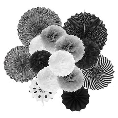 14pcs Hanging Paper Fans Paper Flower Decorations for Party Birthday Black