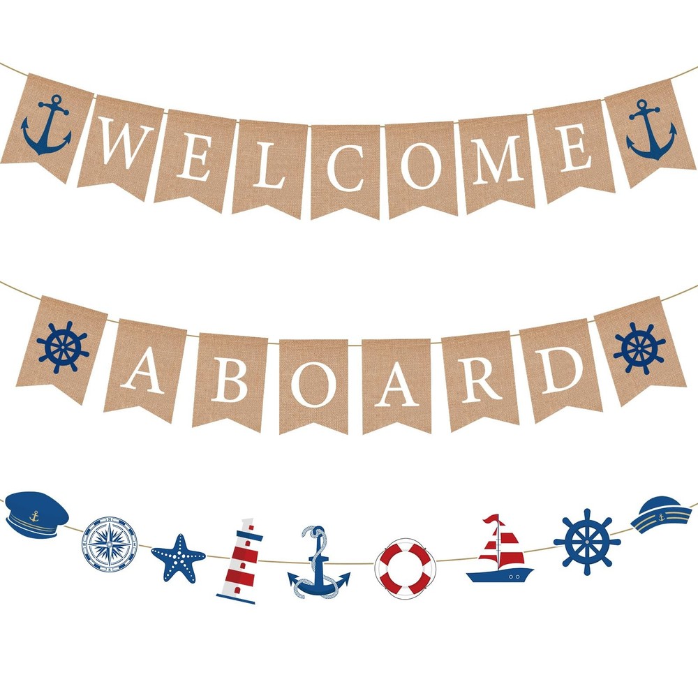 3 Pcs Jute Burlap Welcome Aboard Banner Rustic Vintage Nautical Sailboat Ligh…