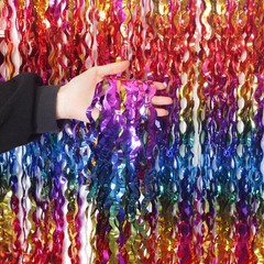 4 Pack Wavy Rainbow Foil Fringe Curtains | Colorful Tinsel Backdrop for Parties