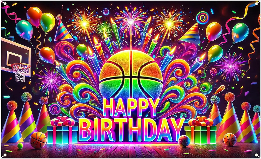 Happy Birthday Banner Neon Basketball – Sports Party Backdrop, 71X43 Inch Glow Y