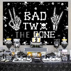 Bad Two The Bone Backdrop Banner, Skeleton Theme 2nd Birthday Decorations for…