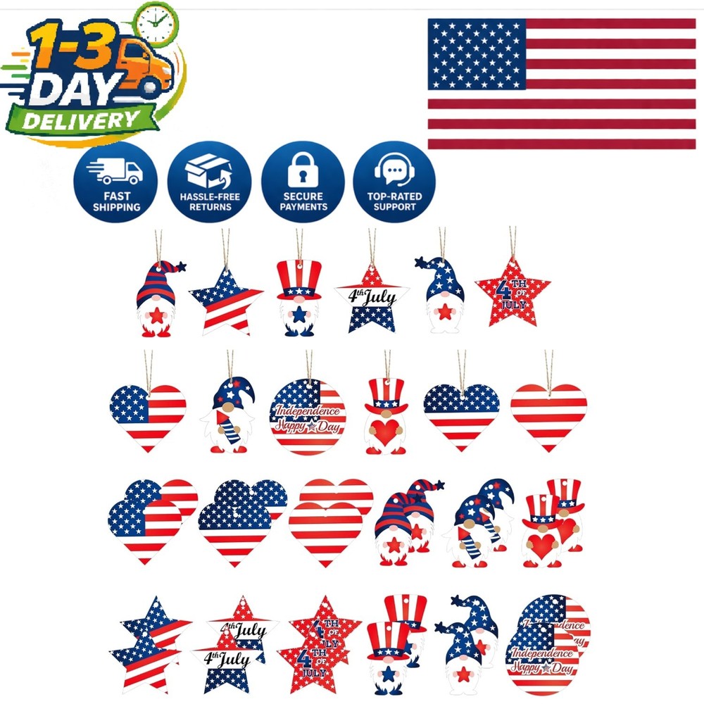 Vibrant Wooden Gnome Hanging Ornaments – 24 Pack for Patriotic Celebrations