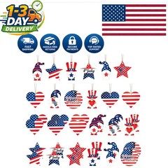 Vibrant Wooden Gnome Hanging Ornaments – 24 Pack for Patriotic Celebrations