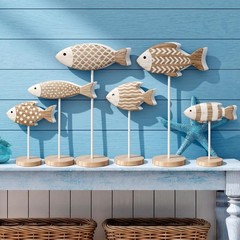 6 Pcs Wooden Fish Table Decor Summer Ocean Tabletop Centerpiece Sea Animal St…
