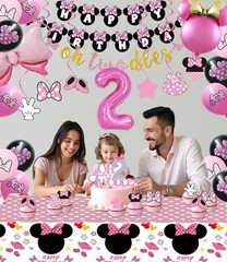 Pink Mouse Happy Birthday Banner Hanging Swirls Tablecloth Cake Topper Balloon