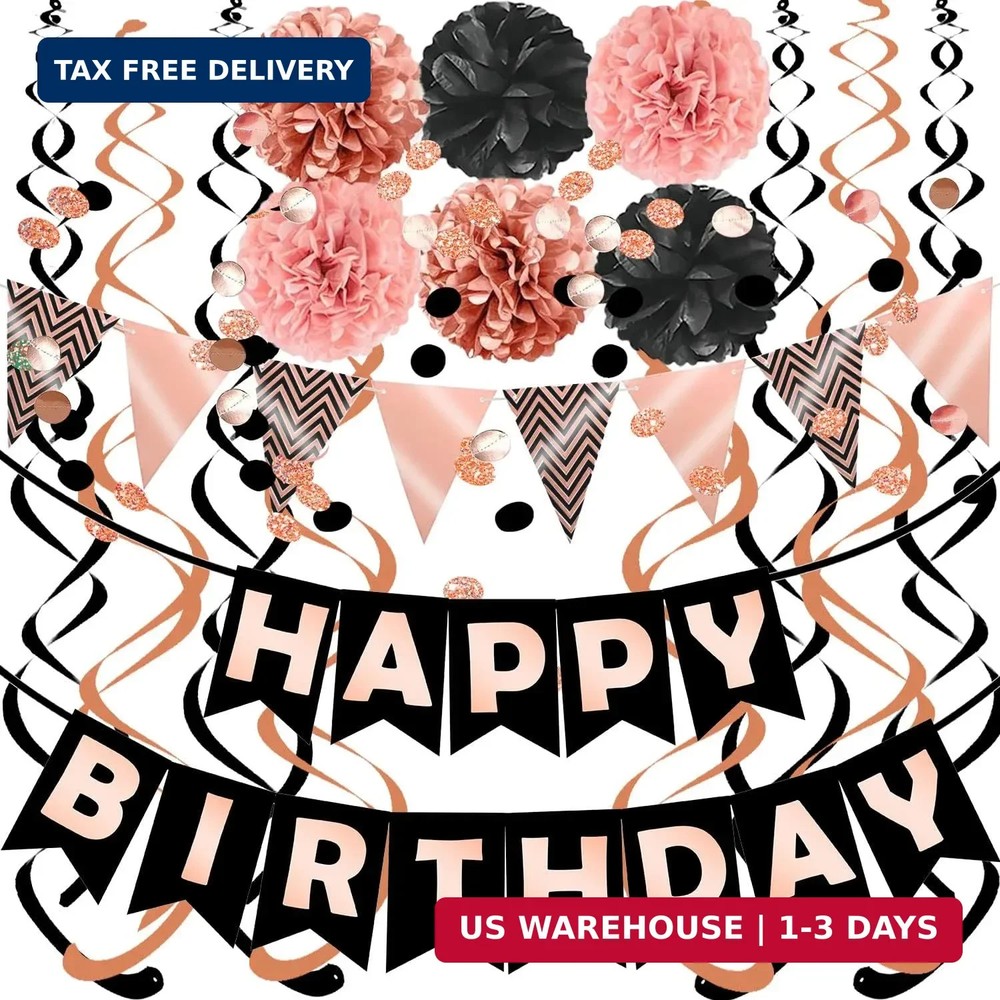 FECEDY Rose Gold Black Theme Happy Birthday Banner Flag Bunting Paper Circle Con