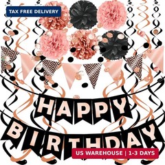 FECEDY Rose Gold Black Theme Happy Birthday Banner Flag Bunting Paper Circle Con