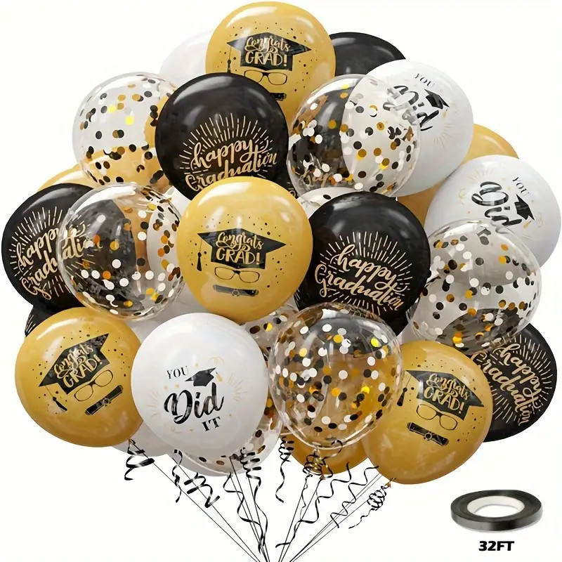 20 Graduation Party Balloons Decorations 12 Inch Black White Gold College Kids