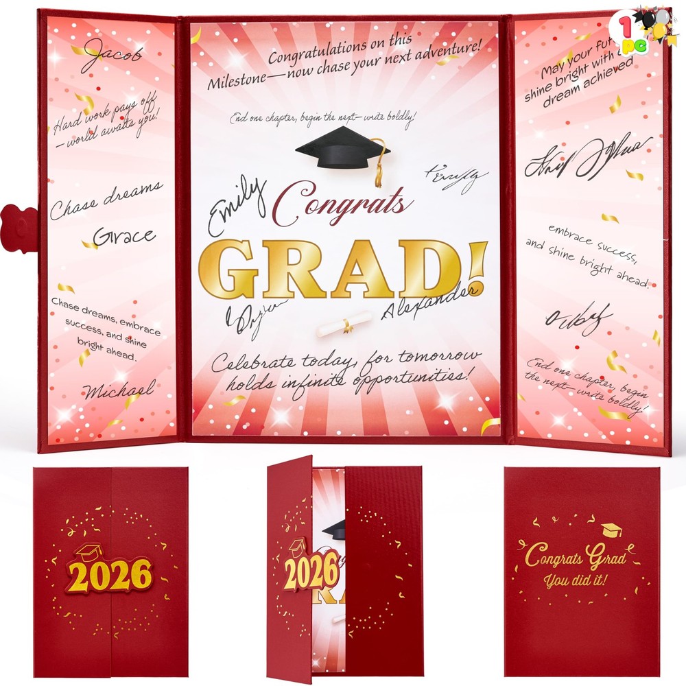 2026 Graduation Guestbook Alternative(Red & Gold), 12″ Class of 2026 Grad Card..