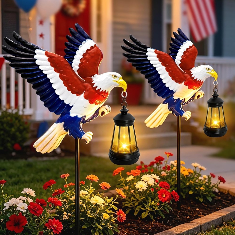 Bald Eagle Solar Garden Lights 2 Pack Waterproof Yard Stake Outdoor Decor