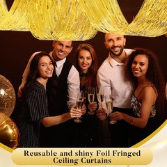 4 PCS 15ft Metallic Gold Foil Ceiling Fringe Curtain Bachelorette Party Decor