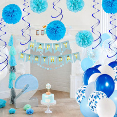 Blue Happy Birthday Decorations, Happy Birthday Banner Hanging Swirls Balloons a
