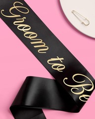 2 PCS Bride And Groom Sash Duo White Black Satin Gold Foil Wedding Party