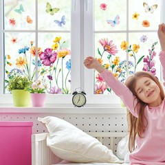 9 Sheets Spring Summer Wildflower Window Clings Floral Butterfly Window Stickers