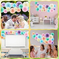 18 Pcs Pastel Rainbow Party Decorations Pastel Paper Fans 3D Floral Tissue Pom P