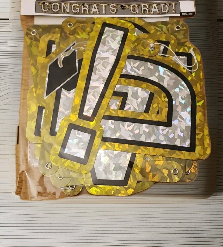 Congrats Grad Gold & Silver Glitter 7 Ft Jointed Party Banner New