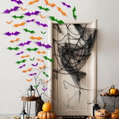 72PCS Halloween Bats Decoration, 4 Sizes PVC Green Orange Purple 3D Stickers