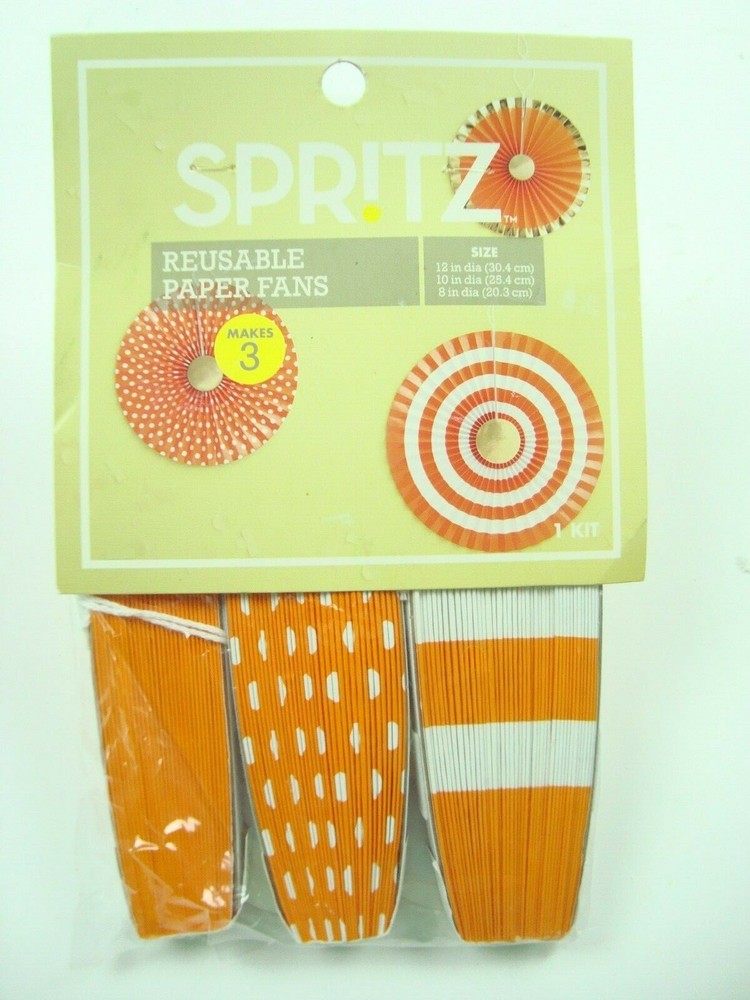 Spritz Reusable Paper Fans 3 count Orange