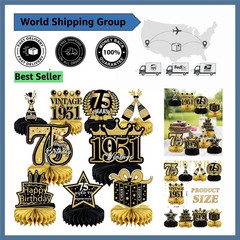 Elegant 9-Piece 75th Birthday Decorations in Black Gold Honeycomb Design