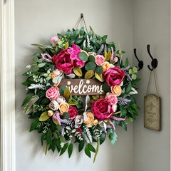 60cm Rustic Floral Wreath with Peony Rose Hydrangea for Front Door Decoration