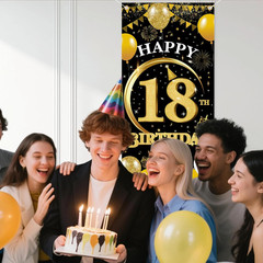 18Th Birthday Decorations Door Banner – 1 Pcs Glitter Gold Black Happy 18Th Birt