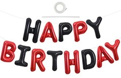 Happy Birthday Balloons Banner with ribbon straw, 16 Inch Mylar Black Red