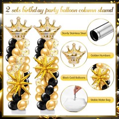 2 Sets Black and Gold Balloon Column Stand Kit with 2 Crown Foil Balloons Bla…