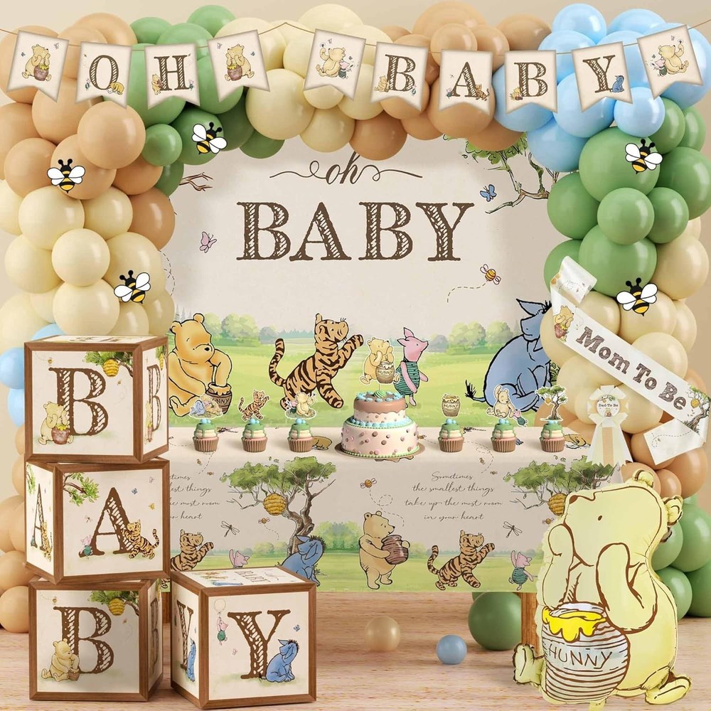 Classic Winnie Bear Baby Shower Decorations Neutral All-In-One Pooh Baby Shower