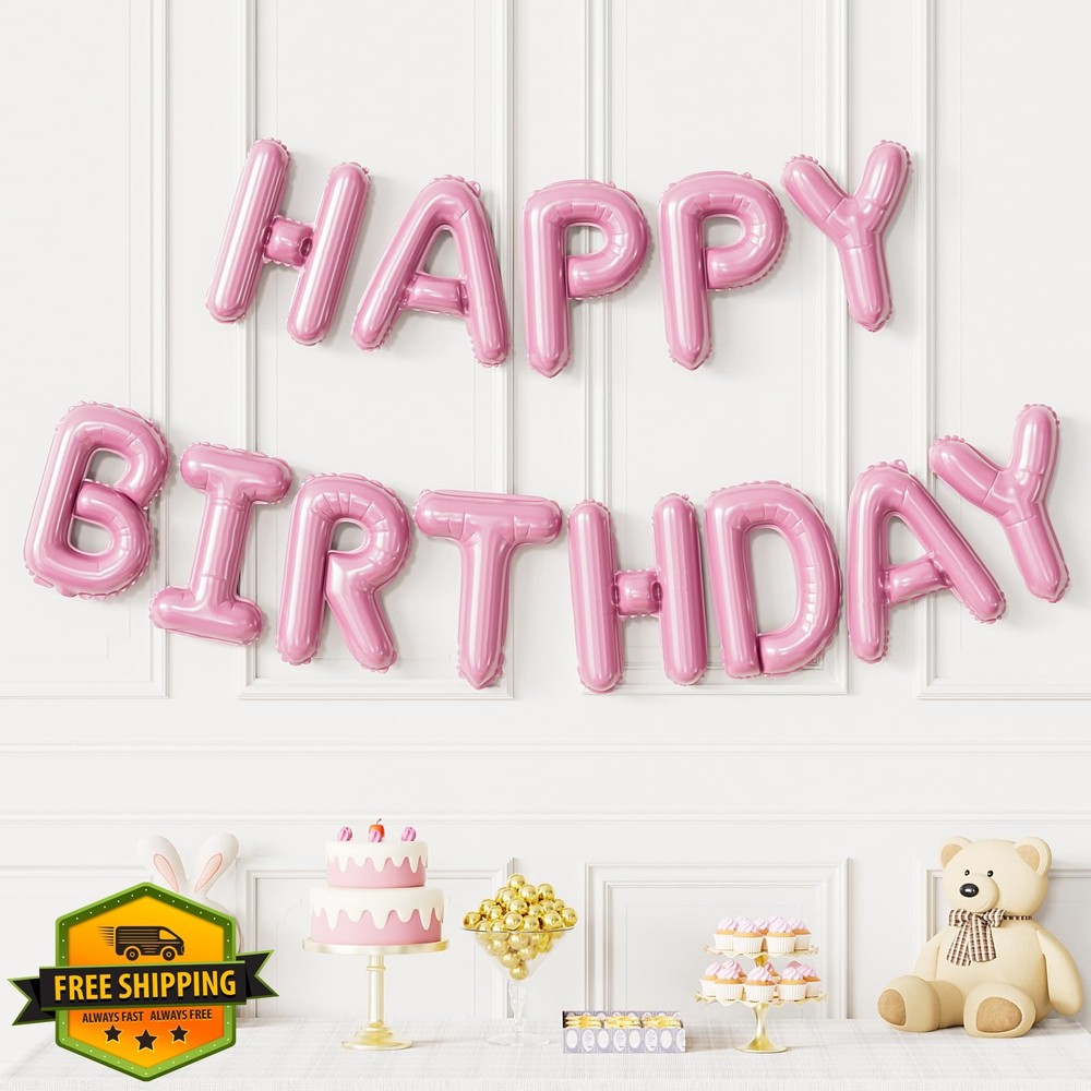 Haolongfa Pink Happy Birthday Balloon Banner 16 Inch