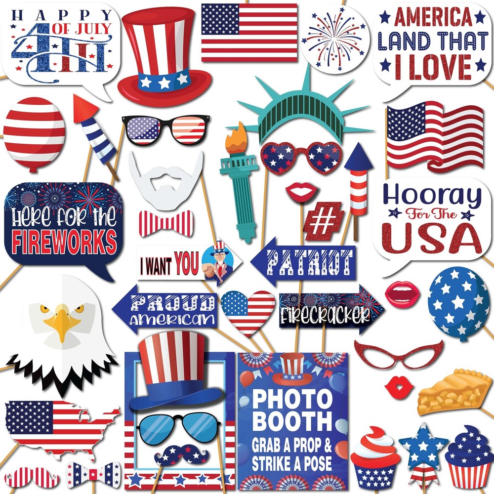 4th of July Photo Booth Props – 41-pc Photobooth Kit with 8 x 10-Inch Sign, 6…
