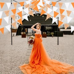 32Ft Orange Party Decorations Orange Buffalo Plaid Checkered White Triangle F…