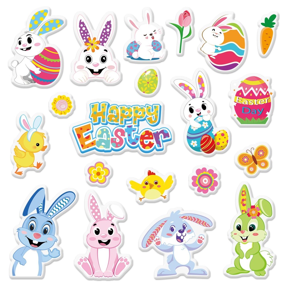 20Pcs Happy Easter Thick Gel Clings Cartoon Bunny Rabbit Egg Window Gel Decals..