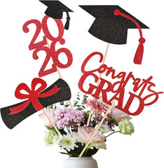 20 PCS Graduation Decorations Class of 2026, Black and Red Double-Sided Centerpi